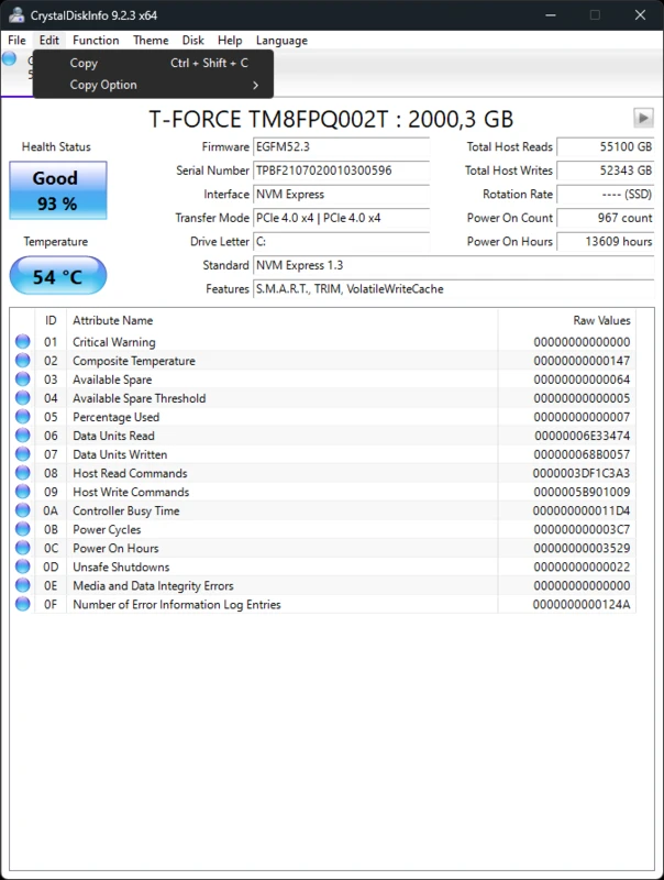 CrystalDiskInfo detailed disk summary with temperature readout